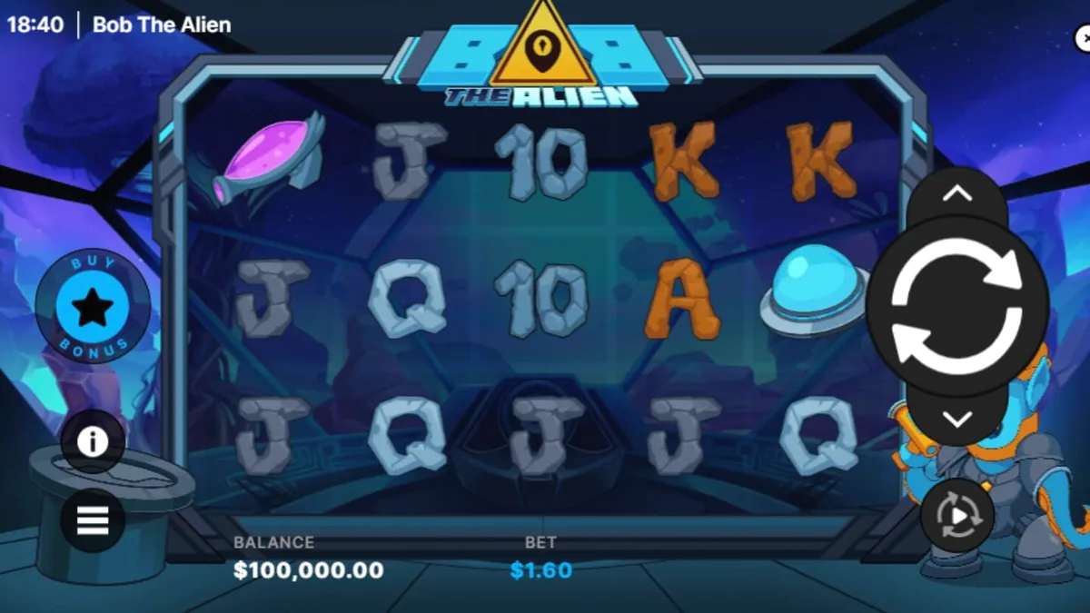 Tampilan visual slot Bob The Alien dengan tema cyberpunk neon