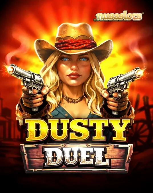 Tampilan visual slot Dusty Duel dengan latar belakang padang pasir dan simbol koboi